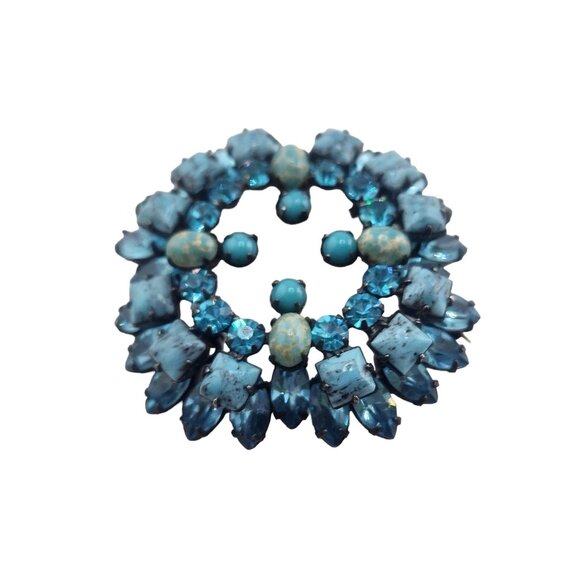 Signed Schreiner NY Turquoise Matrix Glass and Rhinestone Layered Brooch (A4944) - Picture 1 of 7